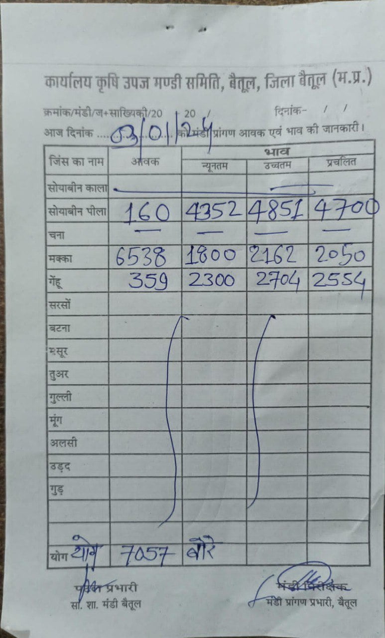 Today Betul Mandi Bhav : आज के कृषि उपज मंडी बैतूल के भाव (दिनांक 3 जनवरी, 2024)