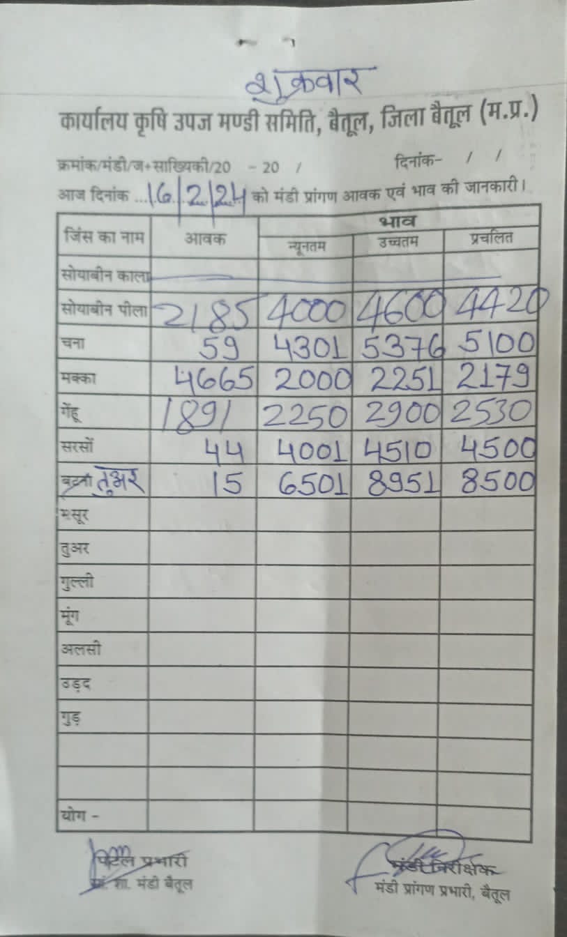 Today Betul Mandi Bhav : आज के कृषि उपज मंडी बैतूल के भाव (दिनांक 16 फरवरी, 2024)