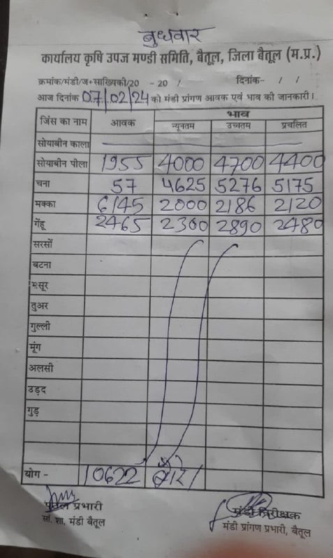 Today Betul Mandi Bhav : आज के कृषि उपज मंडी बैतूल के भाव (दिनांक 7 फरवरी, 2024)