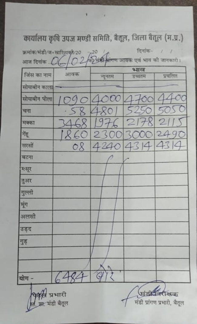 Today Betul Mandi Bhav : आज के कृषि उपज मंडी बैतूल के भाव (दिनांक 6 फरवरी, 2024)