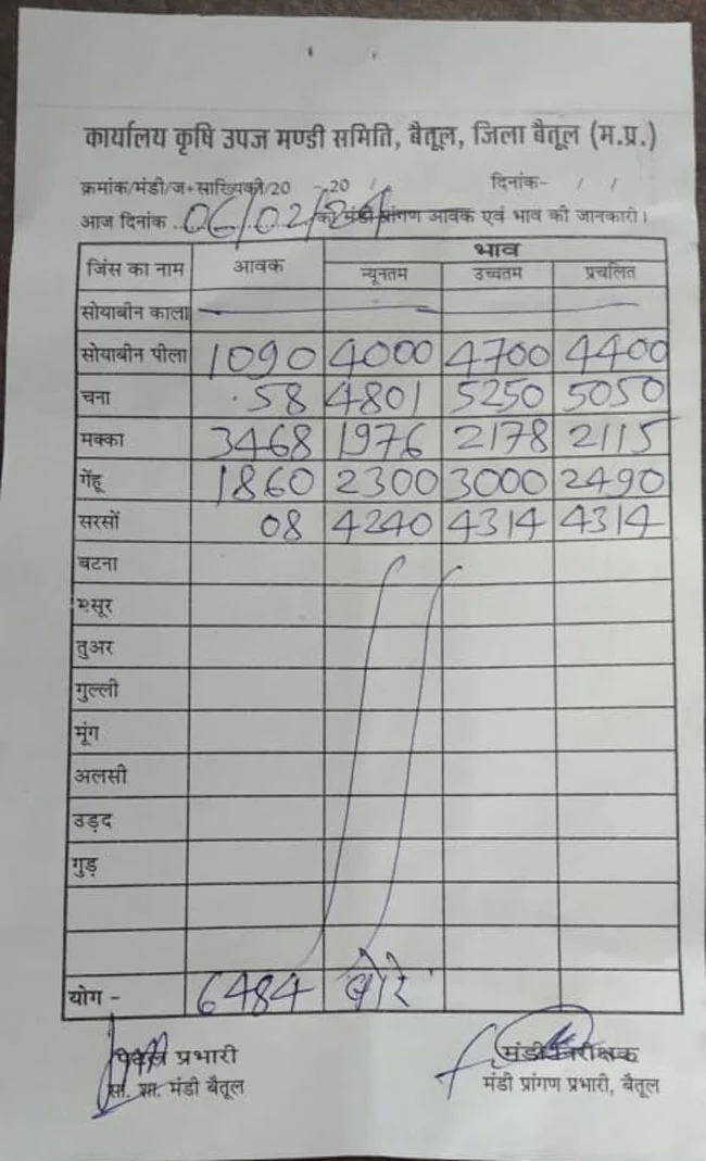 Today Betul Mandi Bhav : आज के कृषि उपज मंडी बैतूल के भाव (दिनांक 6 फरवरी, 2024)