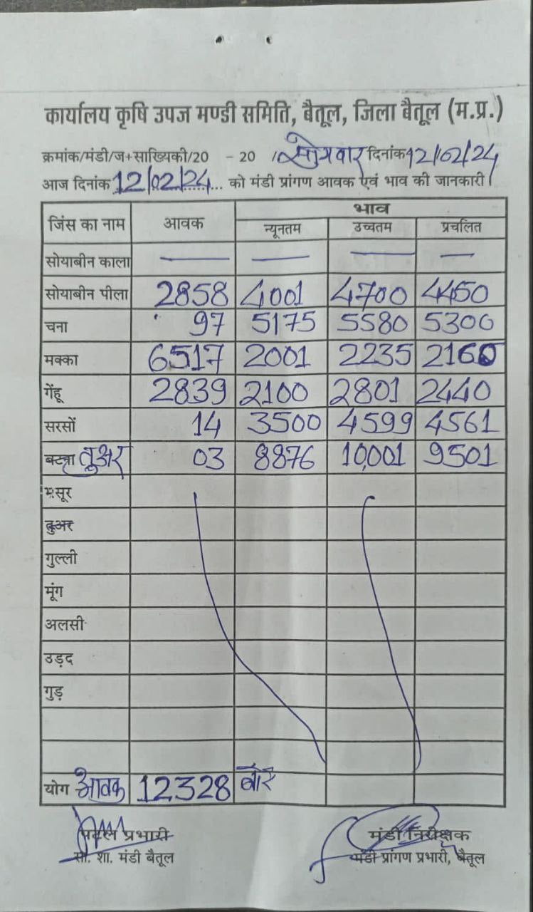 Today Betul Mandi Bhav : आज के कृषि उपज मंडी बैतूल के भाव (दिनांक 12 फरवरी, 2024)
