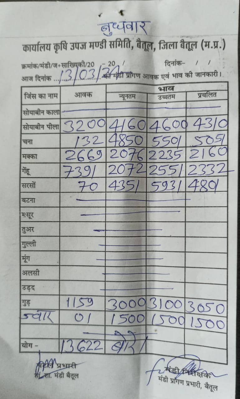 Today Betul Mandi Bhav : आज के कृषि उपज मंडी बैतूल के भाव (दिनांक 13 मार्च, 2024)