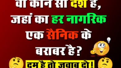Gk Questions In Hindi : वो कौन सा देश है, जहां का हर नागरिक एक सैनिक के बराबर है?
