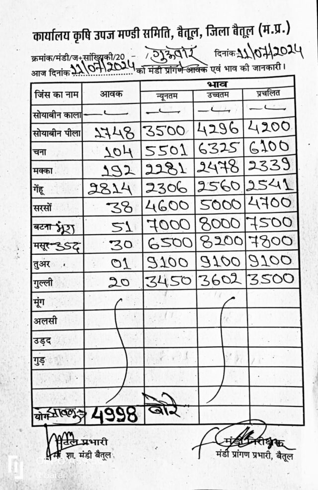 Today Betul Mandi Bhav : कृषि उपज मंडी बैतूल में आज 11 जुलाई 2024 के भाव