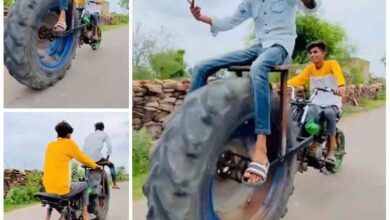 Viral Jugaad Video : बाइक में लगाया ट्रैक्टर का पहिया और शान से घूम आया पूरा गांव