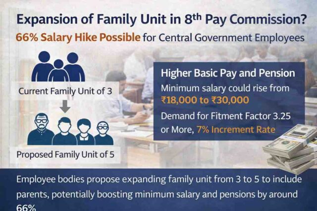 8th Pay Commission Salary Hike: आठवां वेतन आयोग: फैमिली यूनिट 3 से 5 करने की मांग, केंद्रीय कर्मचारियों की सैलरी में 66% तक बढ़ोतरी संभव