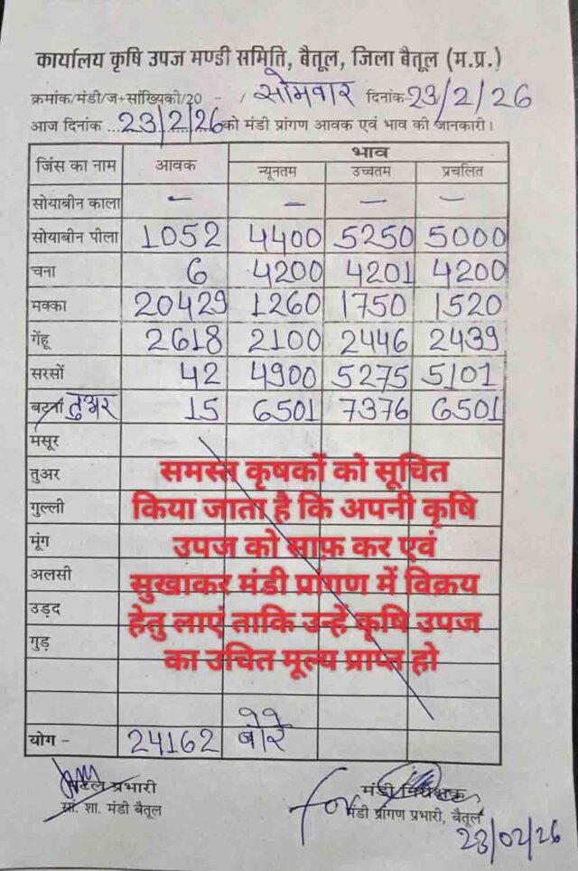 Betul Mandi Bhav 23 February: बैतूल मंडी भाव 23 फरवरी 2026: सोयाबीन 5250, तुअर 7376 के पार, जानें गेहूं-मक्का के ताजा रेट