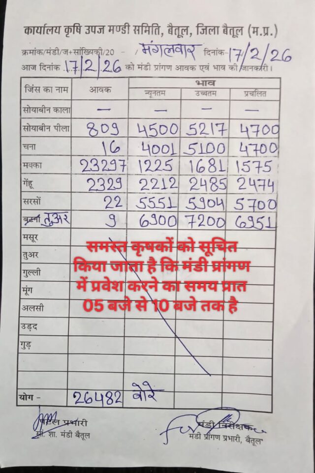 कृषि उपज मंडी बैतूल में आज 17 फरवरी 2026 की आवक और भाव 