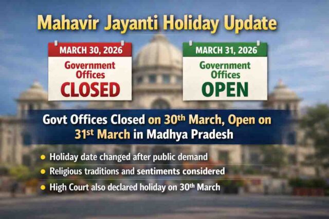MP Mahavir Jayanti Holiday: एमपी में महावीर जयंती की छुट्टी बदली, अब 30 मार्च को अवकाश, 31 को खुलेंगे सरकारी दफ्तर