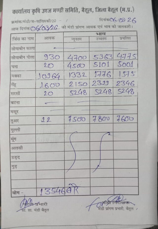 Betul Mandi Bhav 6 March: बैतूल मंडी में 13,546 बोरी की आवक, मक्का सबसे आगे; जानें 6 मार्च के ताजा भाव