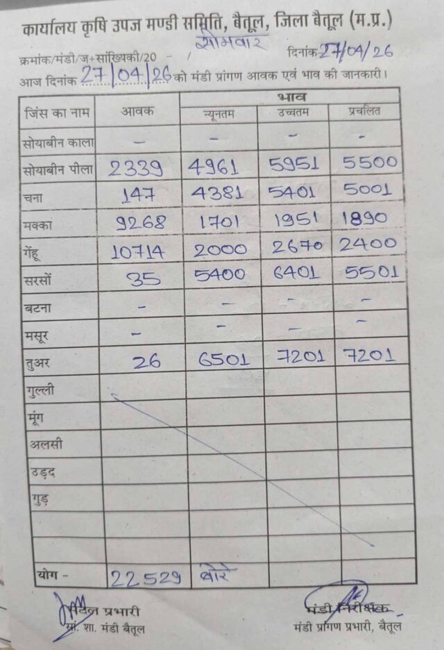 Betul Mandi Bhav 27 April: बैतूल मंडी में गेहूं की बंपर आवक, सोयाबीन-तुअर के मजबूत भाव—किसानों के चेहरे खिले