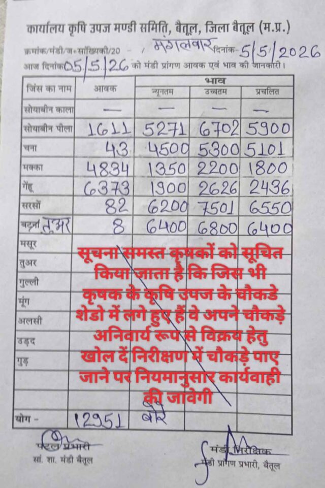 Betul Mandi Bhav 5 May: बैतूल मंडी भाव 5 मई, गेहूं सबसे आगे, सोयाबीन स्थिर, चना में हल्की मजबूती