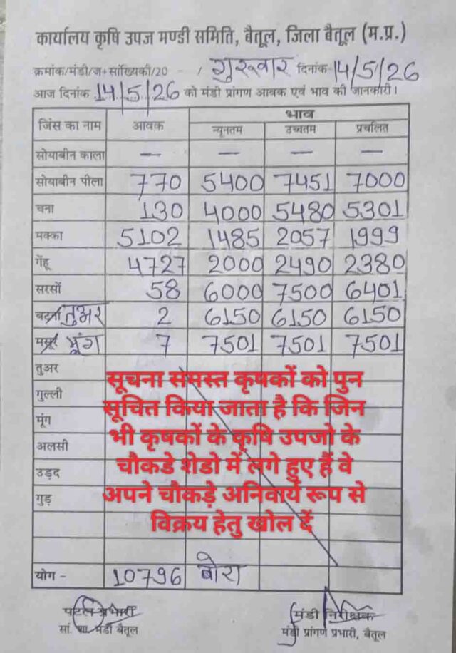 Betul Mandi Bhav Today: बैतूल मंडी रिपोर्ट: सोयाबीन ₹7451 के पार, गेहूं और मक्का के दामों ने भी पकड़ी रफ्तार।
