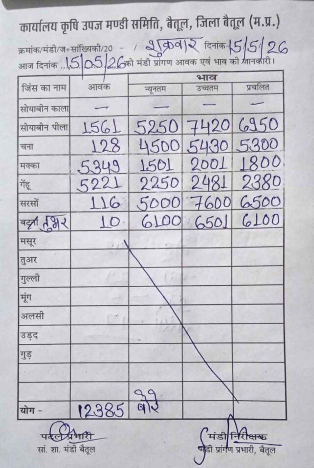 Betul Mandi Bhav Today: बैतूल मंडी भाव 15 मई: सोयाबीन और सरसों के दामों में बड़ा उछाल, देखें आज की ताजा रेट लिस्ट