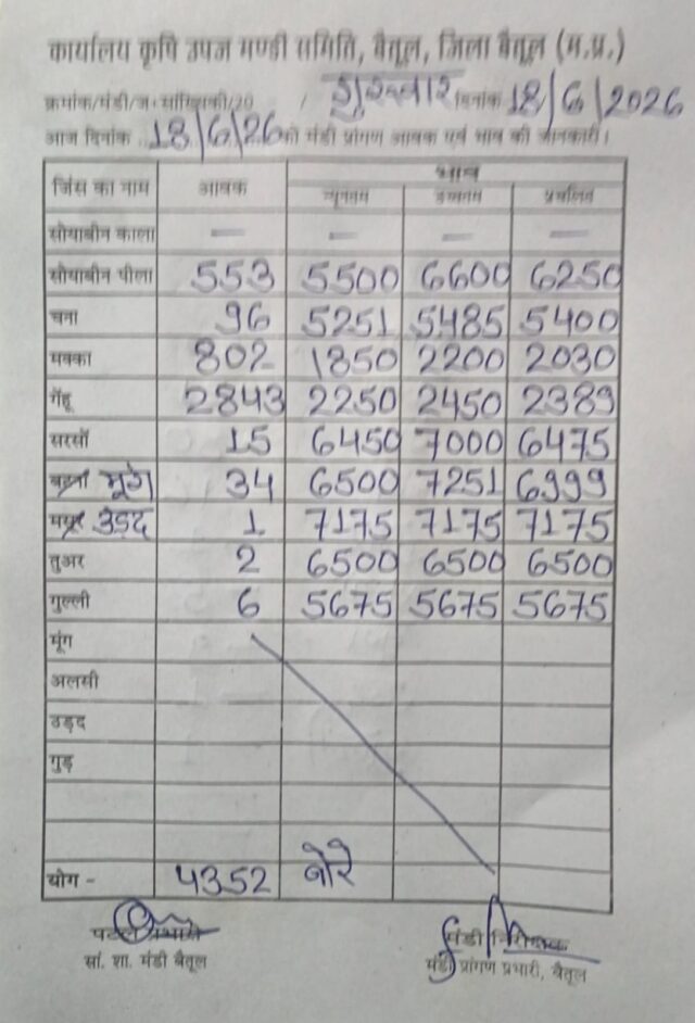 Betul Mandi Bhav 18 June: बैतूल में 18 जून के मंडी भाव- सोयाबीन 6600 और गेहूं 2450 रुपए तक बिका, देखें पूरी रिपोर्ट