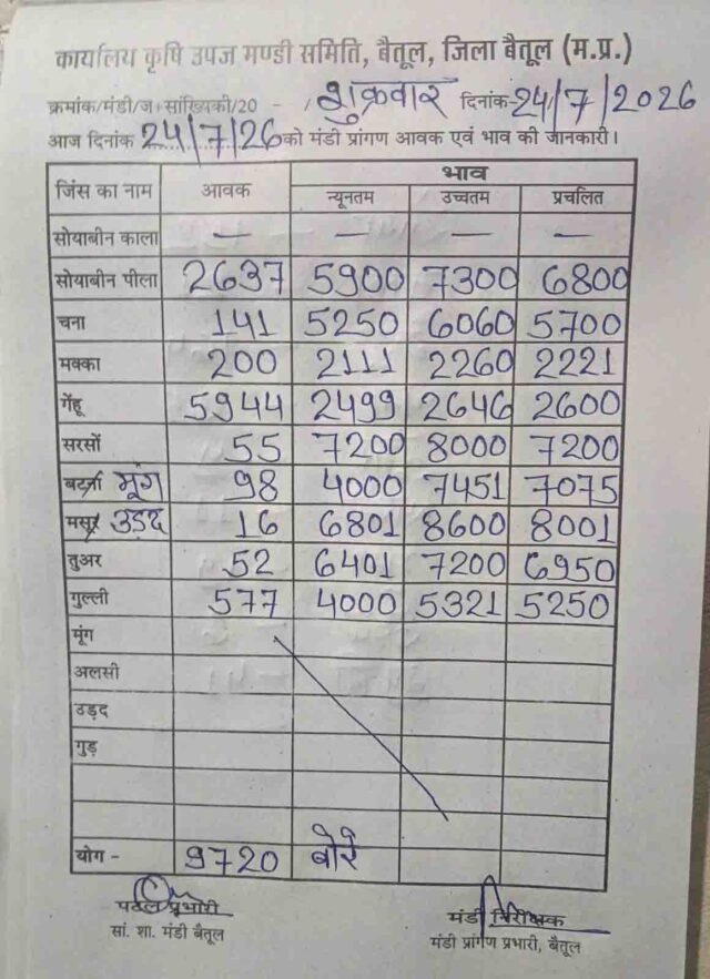 Betul Mandi Bhav 24 July: सोयाबीन 6800 और गेहूं 2600 रुपये के पार, बैतूल मंडी के नए भाव जारी
