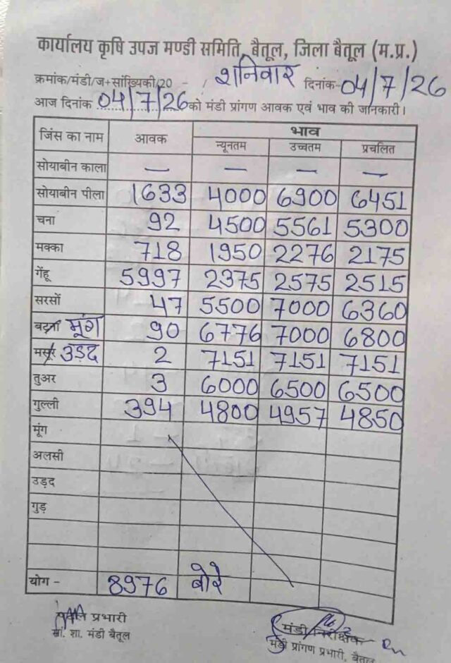 Betul Mandi Bhav 04 July: बैतूल मंडी भाव 04 जुलाई: गेहूं की 5,997 बोरी आवक, सोयाबीन और मूंग को मिले शानदार दाम