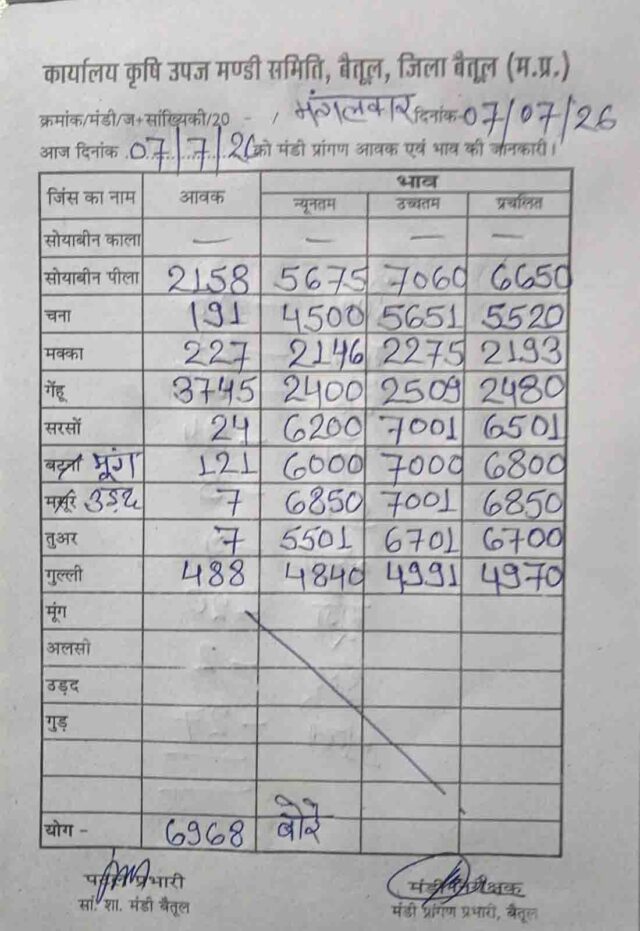 Betul Mandi Bhav 07 July: बैतूल मंडी भाव 7 जुलाई: गेहूं की सबसे ज्यादा आवक, सोयाबीन 7060 रुपये तक पहुंचा