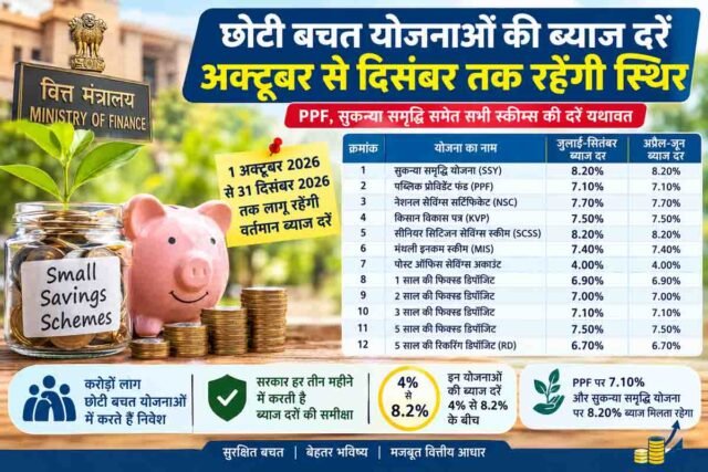 Small Savings: PPF-Sukanya सहित अन्य योजनाओं में निवेश करने वालों के लिए बड़ी खबर, अक्टूबर से दिसंबर तक ब्याज दरों को लेकर खास फैसला