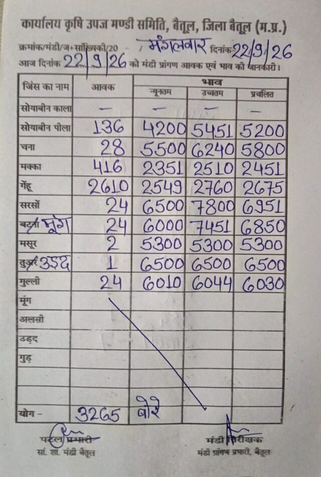 Betul Mandi Bhav: बैतूल मंडी भाव 22 सितंबर: सरसों पहुंची 7800 रुपये पार, जानिए आज किस फसल का कितना मिला दाम