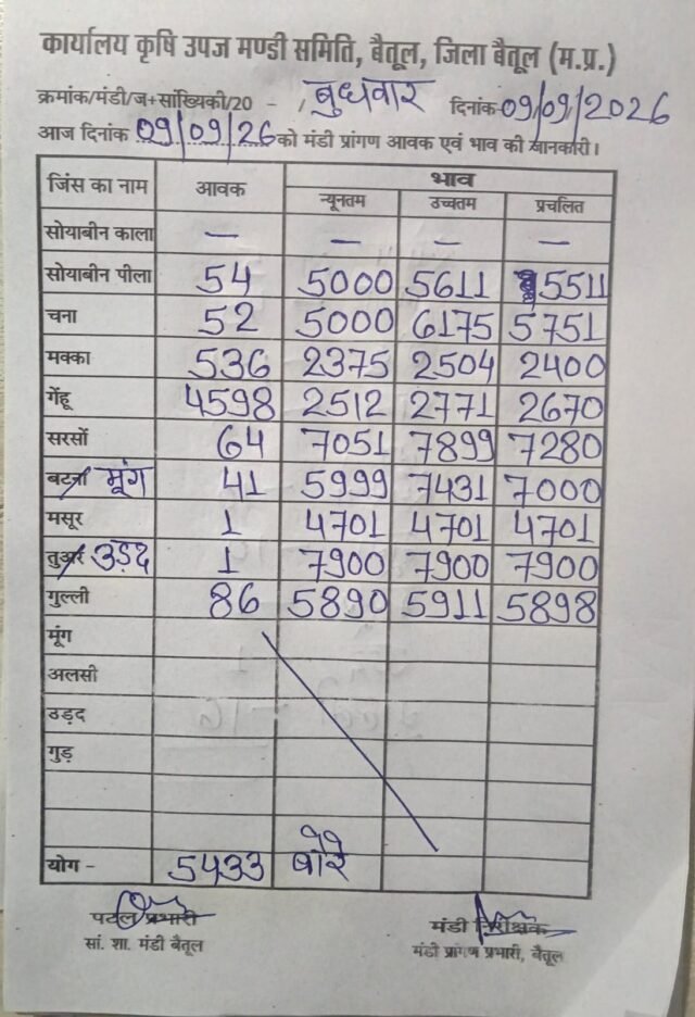 Betul Mandi Bhav: बैतूल मंडी भाव 09 सितंबर: सरसों ₹7899 और मूंग ₹7431 पहुंची, जानें आज की पूरी रेट लिस्ट