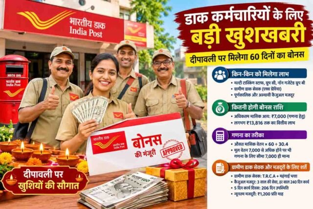 India Post Bonus: डाक विभाग के कर्मचारियों के लिए खुशखबरी: दिवाली पर मिलेगा 60 दिनों का बोनस, आदेश जारी