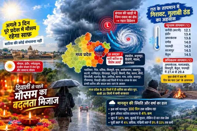 madhya pradesh weather: दिवाली से पहले बदलेगा एमपी का मौसम: 28 अक्टूबर से नया सिस्टम होगा एक्टिव, इन जिलों में भारी बारिश का अलर्ट