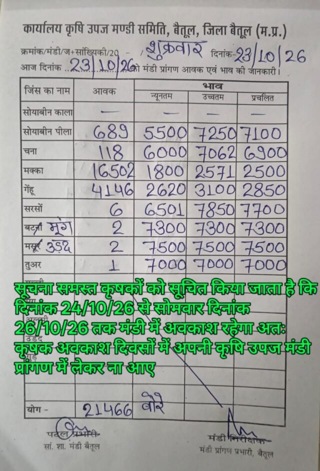 betul mandi bhav: किसान भाइयों के लिए जरूरी खबर: बैतूल मंडी में 24 से 26 अक्टूबर तक रहेगा अवकाश, देखें आज के रेट