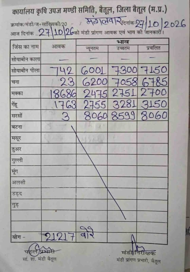 Betul Mandi Bhav: बैतूल मंडी भाव 27 अक्टूबर: सोयाबीन 7300 और गेहूं 3281 रुपए तक बिका